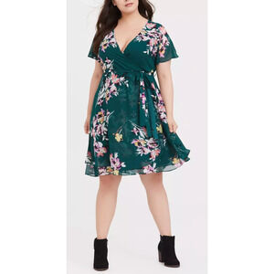 *Flawed Torrid Midi Chiffon Wrap Dress Green Floral Missing Belt Plus Size 1 1X